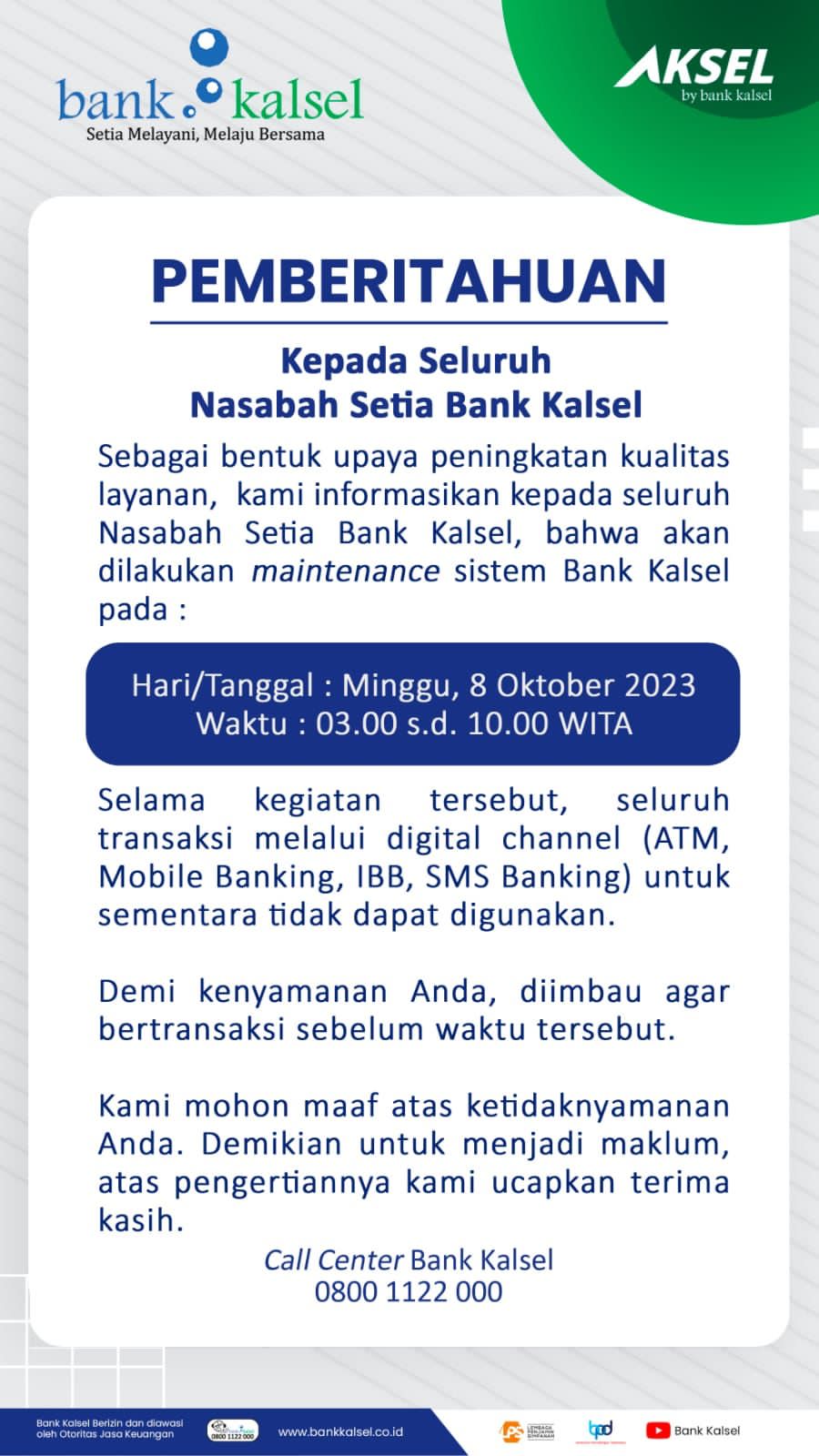 Tingkatkan Kualitas Layanan, Bank Kalsel Lakukan Maintenance